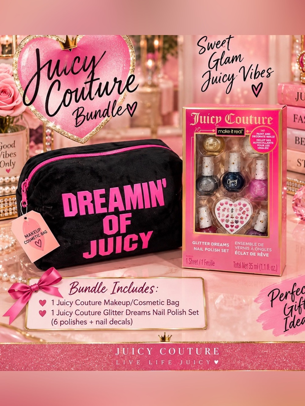 Juicy Couture Black & Pink 'Dreamin' of Juicy' Cosmetic Bag with Nail Polish Set